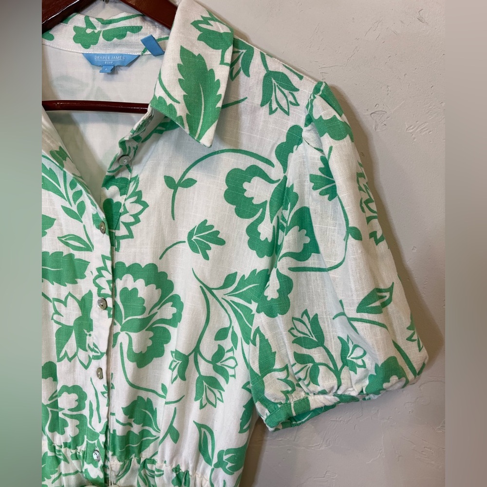 Draper James Green Floral Puff Sleeve Dress‎ Women’s Large Rayon Linen Blend - Picture 4 of 12